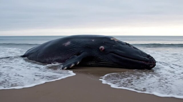 A poignant scene unfolds on a deserted sandy beach where a large, dark marine mammal lies partially submerged by gentle ocean waves. The majestic creature appears to be deceased and stranded on the sh