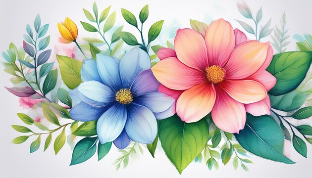 delicate watercolor painting of two vibrant blooming flowers with green leaves - Powered by Adobe