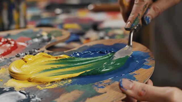 Hands adorned with paint mix vivid colors on a textured wooden palette, creating a mesmerizing swirl of blues, yellows, and greens. The artistic studio radiates creative energy. - Powered by Adobe