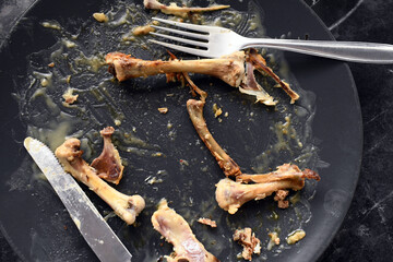 Dirty plate with chicken bones with fork and knife.