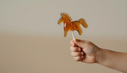 Child's hand holding a horse-shaped candy lollipop symbol of the year 2026 on a neutral background

