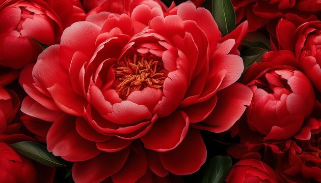 close up of vibrant red peonies