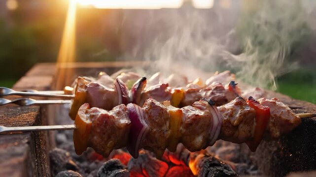 Juicy skewers sizzle over glowing coals as smoke rises gently into the warm evening air. The marinated skewers, filled with meat and colorful vegetables, create an inviting scene.
