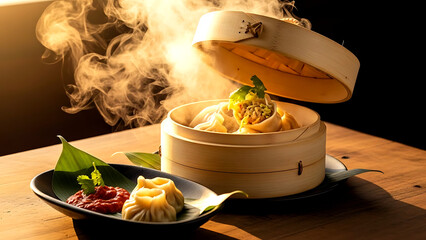 Vibrant and colorful street food style of Nepalese momo, delicate dumplings with cabbage and chicken filling, served with tomato chutney 