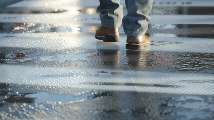 Person walking on an icy winter sidewalk with reflective frozen surface showing slippery conditions pedestrian danger and seasonal urban safety risk