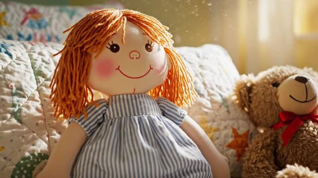 A soft, smiling rag doll with bright orange yarn hair and a blue and white striped dress sits comfortably on a patterned, quilted blanket. Beside it, a cuddly brown teddy bear with a red bow rests, ba