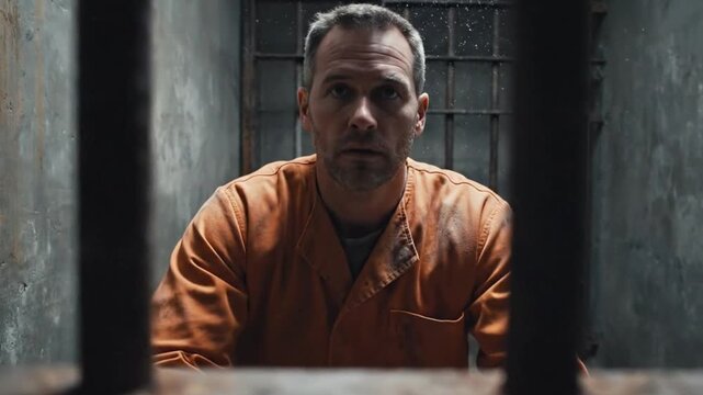 A solemn man in an orange uniform gazes directly at the camera from behind dark, weathered metal bars, creating a powerful sense of confinement and introspection. The stark, rough concrete walls of hi