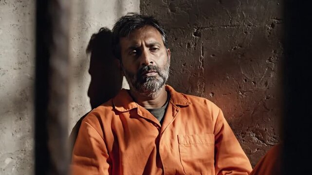 A somber and introspective scene captures a mature individual, identifiable by a full beard and grey hair, clad in an orange utility uniform. The person sits with eyes closed, leaning against a rough,
