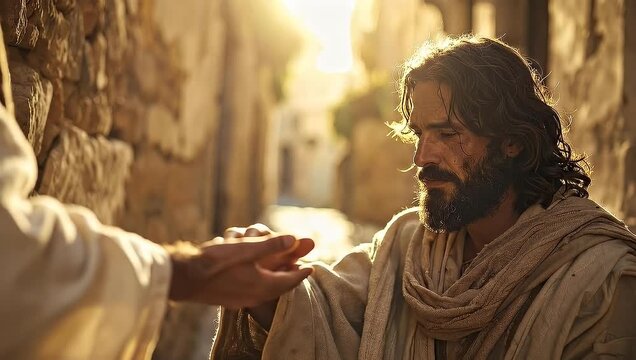 A close-up shot of a man in a white robe, with a hand reaching out to him.