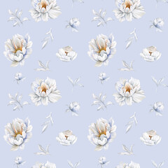 Watercolor pattern with white peonies and buds on a light blue background. Elegant floral repeat for spring textiles and wedding decor.