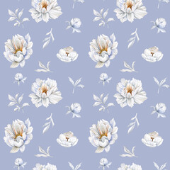 Seamless watercolor pattern of delicate white peonies and buds on a  blue background. Floral repeat background for luxury weddings, textiles, and wallpaper.
