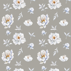 Seamless repeating watercolor pattern featuring white peonies, buds, and gray leaves on a  gray background. Ideal for textiles, wrapping paper and wallpaper.