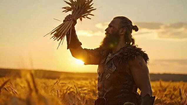 A bearded man holding wheat stalks with a sunset backdrop in a golden field