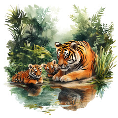 watercolor of Tiger With Cubs Resting, vector, isolated on a white background. © azendia