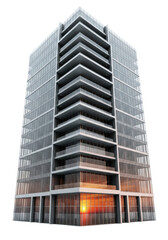 Fototapeta premium high-key architectural studio photo of a modern corporate glass building model with brushed steel details and sharp angles, reflecting warm sunset light. concept of aspirational corporate power