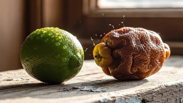 Fresh lime glistens beside a weathered fruit, both basking in golden sunlight. The beauty of decay and freshness creates a unique visual contrast, highlighting nature's cycle.