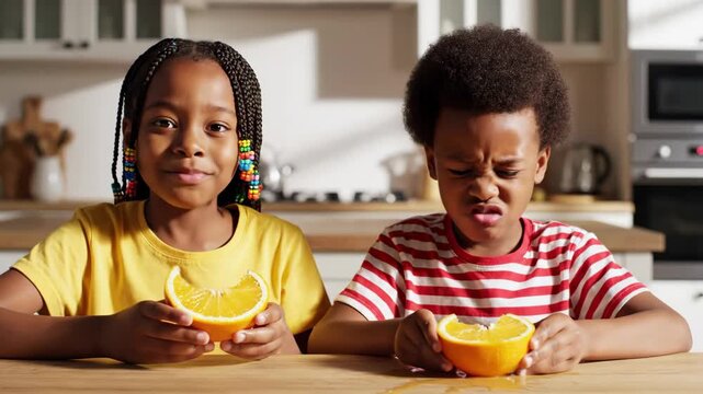 In a bright kitchen, two children take turns tasting juicy oranges. Their cheerful expressions and silly faces bring laughter to this sunny afternoon adventure.