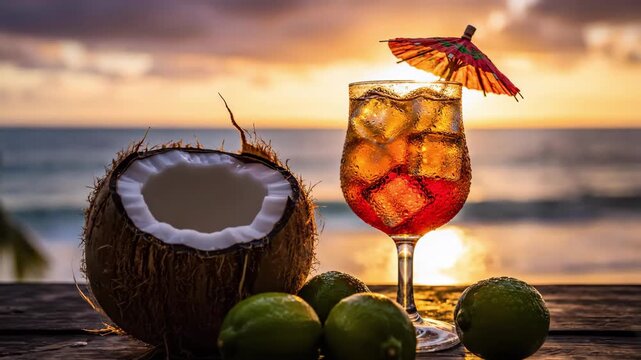 As the sun sets over the sparkling ocean, a refreshing drink served in a coconut rests on a wooden table, surrounded by vibrant limes. The colorful cocktail promises a serene evening.