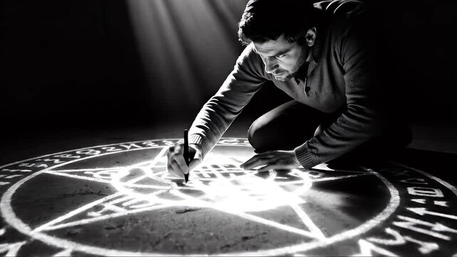 Mysterious Ritual - A Person Drawing a Pentagram in a Dark Room.