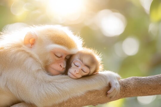 Tender moment: baby monkey cuddling with mother in sunlit forest