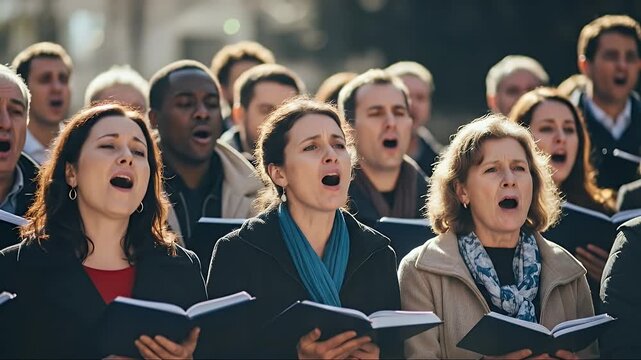 Choir singing outdoors with books, a diverse group of people performing.