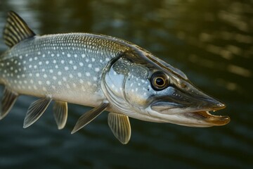 Obraz premium Close up of northern pike head and body above water, detailed scales, teeth, and fins of a freshwater predator.