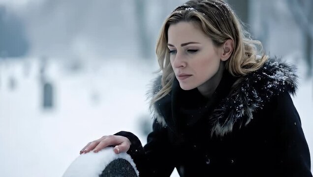 Woman visits grave in winter, expressing grief and sorrow at cemetery.