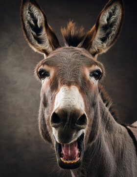 Lustiger Esel br&uuml;llt &ndash; Nahaufnahme Portr&auml;t mit offenem Maul