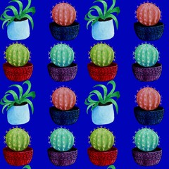 Seamless aqua pattern. Image of multi-colored round cacti on a blue background for coloring fabrics, wallpaper, wrapping paper and much more.
