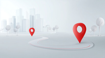 Minimal abstract cityscape with red location pins, illustrating navigation, travel routes, or location-based services in a clean modern style.