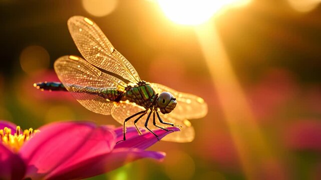 A dragonfly rests delicately on a pink flower petal, catching the warm light of the evening sun. The dragonfly's intricate wings sparkle with details reflecting the vibrant colors around.
