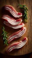 Thinly sliced ​​raw pork belly is placed on a wooden cutting board