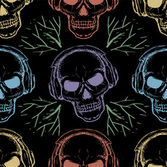 Seamless pattern with human skulls and headphones. Black background. Vector illustration.
