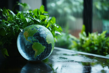 Globe resting on a table surrounded by lush greenery and rain