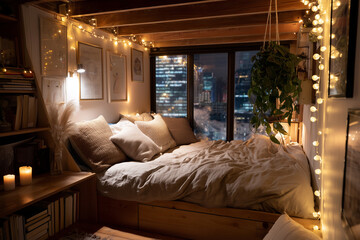 Cozy bedroom with warm lights overlooking a city skyline at night