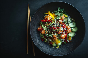 Brightly colored sushi bowl with fresh ingredients and textures