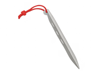 Metal tent stake with red cord for secure outdoor camping