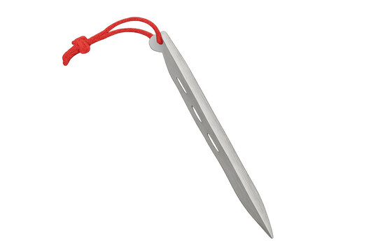 Metal tent stake with red cord for secure outdoor camping