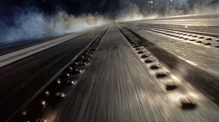 Blurry motion shot down railroad tracks with smoke and distant light