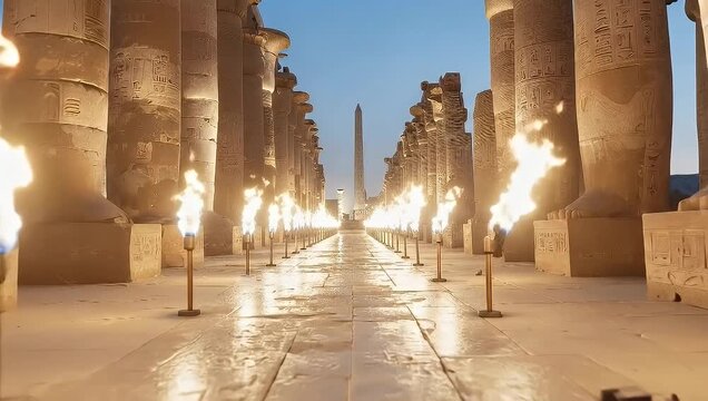 Ancient Egyptian Temple Lit by Torches at Dusk, Historical Site.