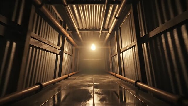 Mysterious wooden tunnel with bright light at the end, dark and eerie atmosphere.