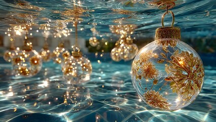 Surreal Christmas Baubles Floating on Sparkling Turquoise Water Surface