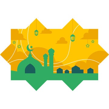 Modern Flat Style Islamic Cityscape with Mosque Dome and Lanterns at Night Illustration