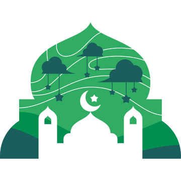 Spiritual Islamic Mosque Building with a Crescent Moon, Star, and Clouds at Night Illustration