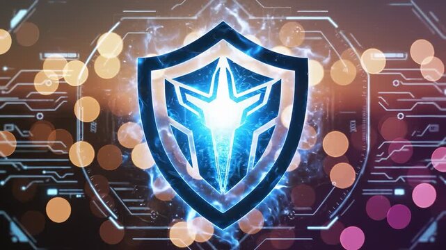 A striking shield emblem glows with intensity against a backdrop of abstract technology patterns. The shield symbolizes protection, showcasing its mesmerizing shine and intricate details in the scene.