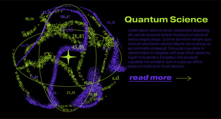 Swirling clusters of glowing particles orbiting elliptical paths around a central bright star-like nucleus on a black background. Conceptual vector illustration for quantum science, particle physics.