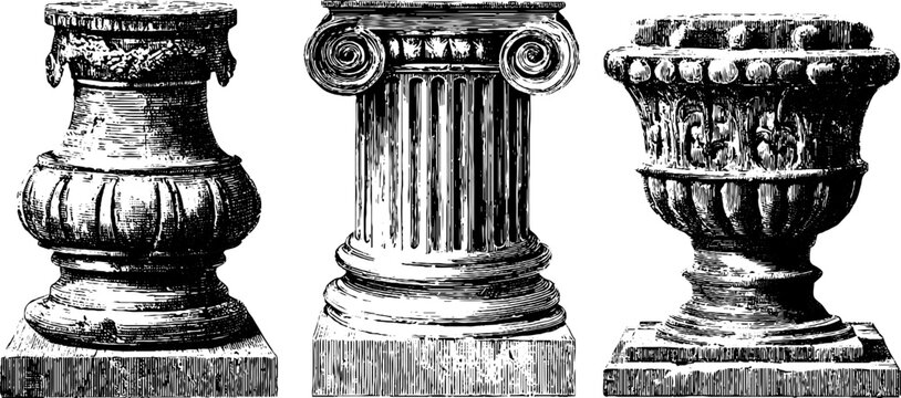 Roman column vintage engraving set with three detailed classical designs for architectural inspiration