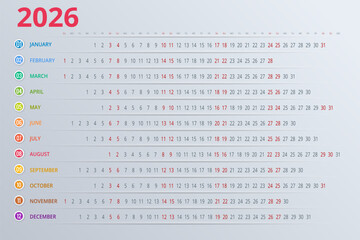 Calendar planner for 2026. 2026 calendar design, set of 12 months. Elegant yearly planner layout for business, corporate documents, reports and modern scheduling systems.