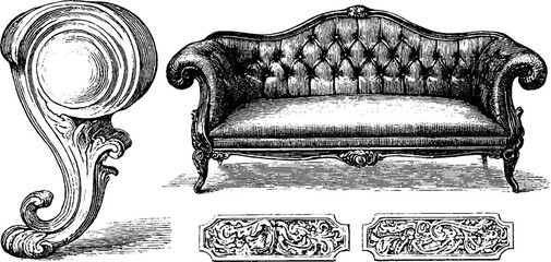Vintage engraving set of sofa with ornate arm curves and decorative elements