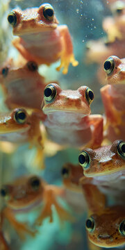 Ten frogs on phone wallpaper, curiously looking down at the screen, camera pointing up towards a vibrant underwater scene filled with red and orange fish The background suggests an oce - AI-Generated